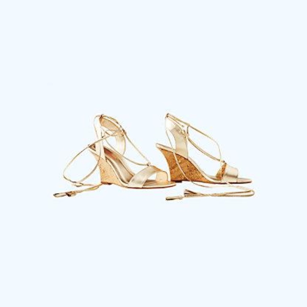 Lilly Pulitzer Aria Cork Wedge Heel Gold Leather Pump Sandal Lace Up Dress Shoes - Picture 12 of 12